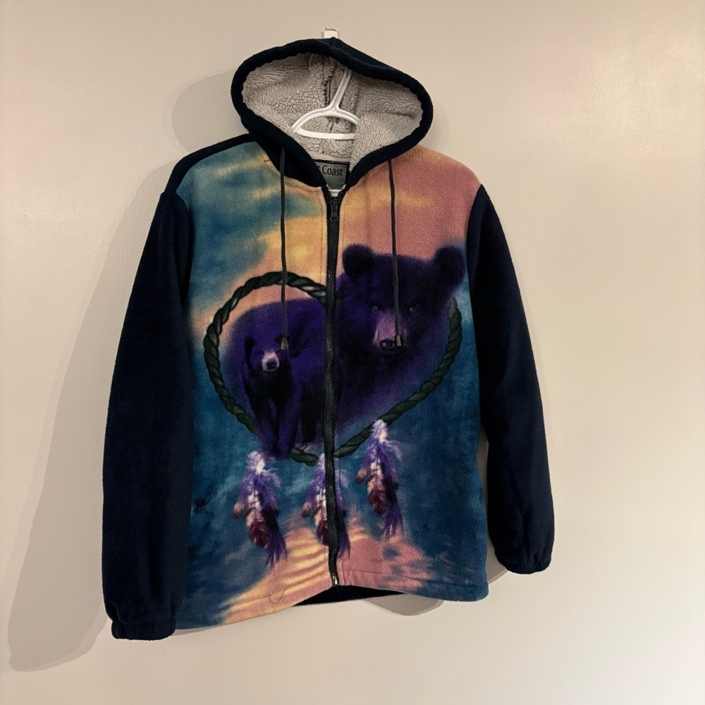 West Coat fleece zipup hoodie indigenous style Bears & feathers